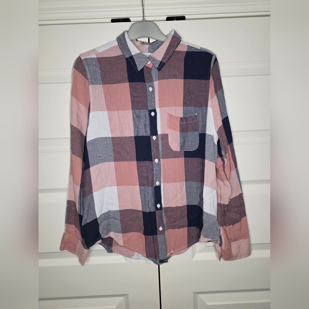 Paper Crane M Womens Long Sleeve Button Up Plaid Pink Blue Top